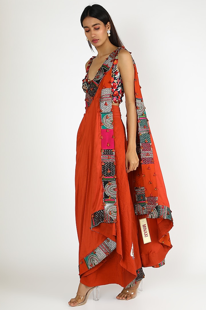 Orange Embroidered Draped Saree Set by Minaxi Dadoo