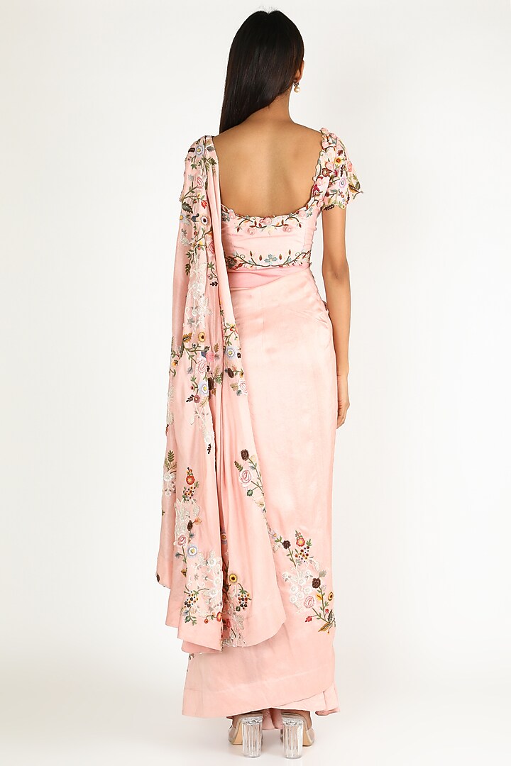 Pink Silk Embroidered Draped Reception Saree Set by Minaxi Dadoo at Pernia's Pop Up Shop
