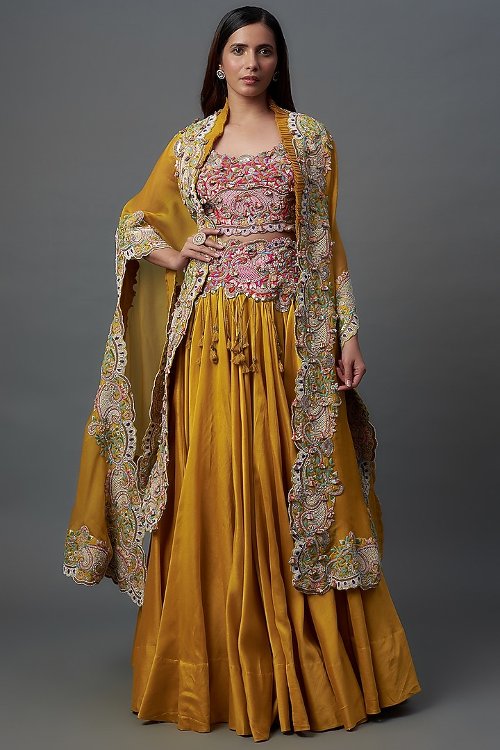 Yellow Organza Embroidered Butterfly Cape Set by Minaxi Dadoo at Pernia's Pop Up Shop