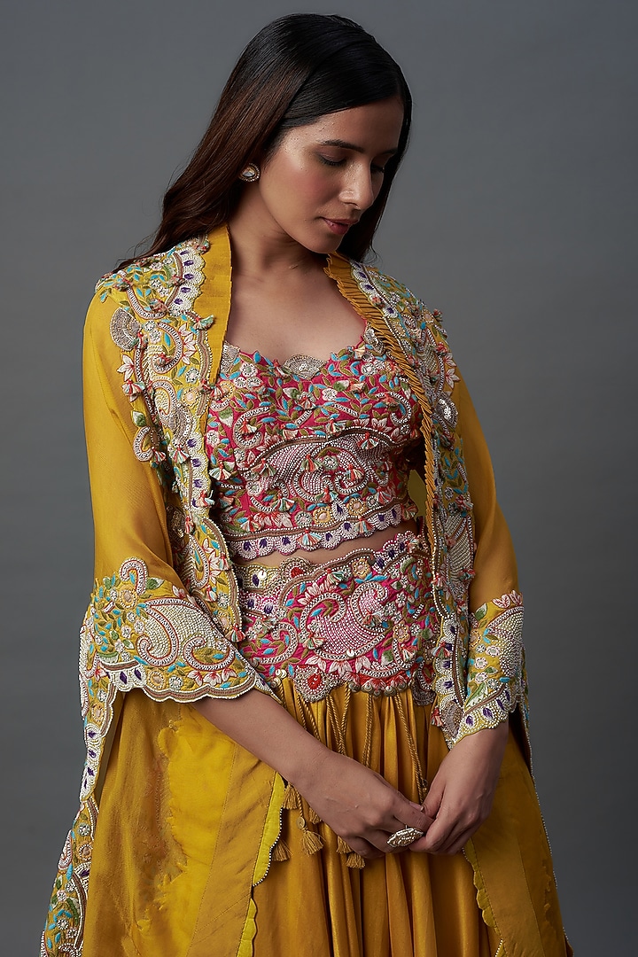 Yellow Organza Embroidered Butterfly Cape Set by Minaxi Dadoo at Pernia's Pop Up Shop