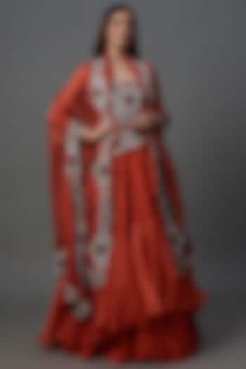 Rust Orange Silk & Organza Tiered Skirt Set by Minaxi Dadoo at Pernia's Pop Up Shop
