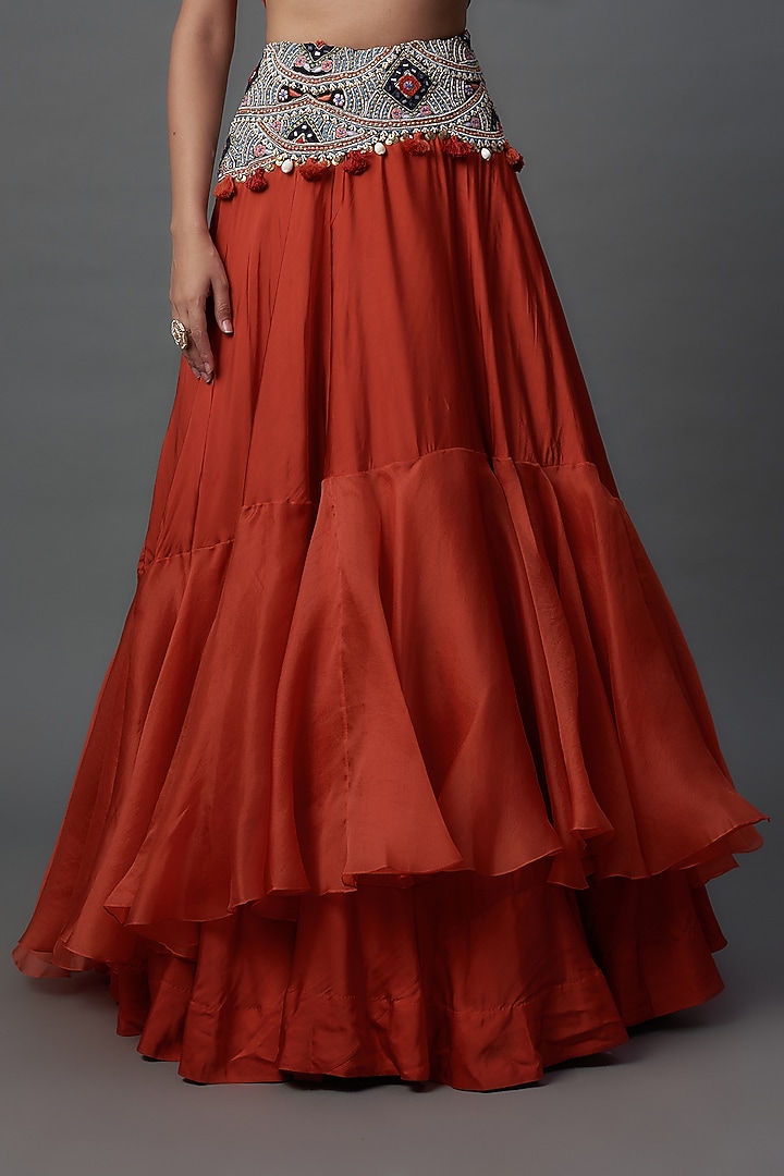 Rust Orange Silk & Organza Tiered Skirt Set by Minaxi Dadoo at Pernia's Pop Up Shop