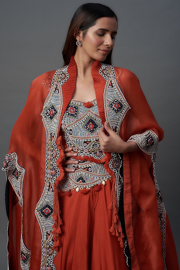 Rust Orange Silk & Organza Tiered Skirt Set by Minaxi Dadoo at Pernia's Pop Up Shop