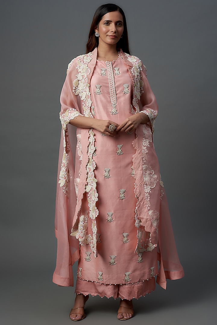 Pink Organza Embroidered Cape Set by Minaxi Dadoo at Pernia's Pop Up Shop
