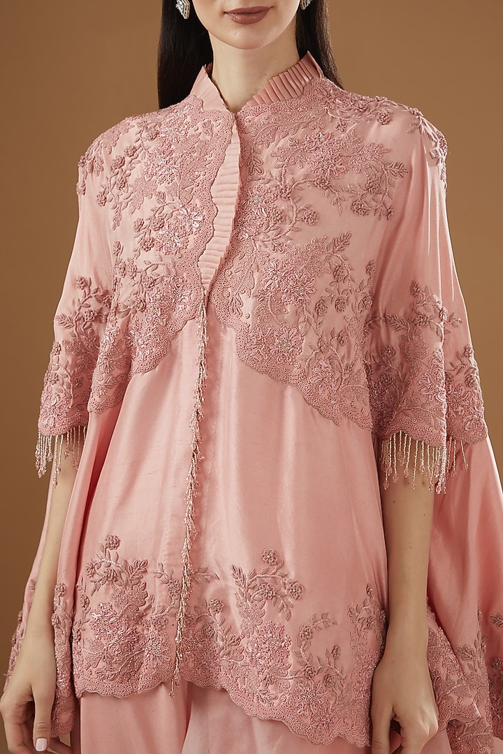 Pink Dupion Embroidered Cape Set by Minaxi Dadoo at Pernia's Pop Up Shop