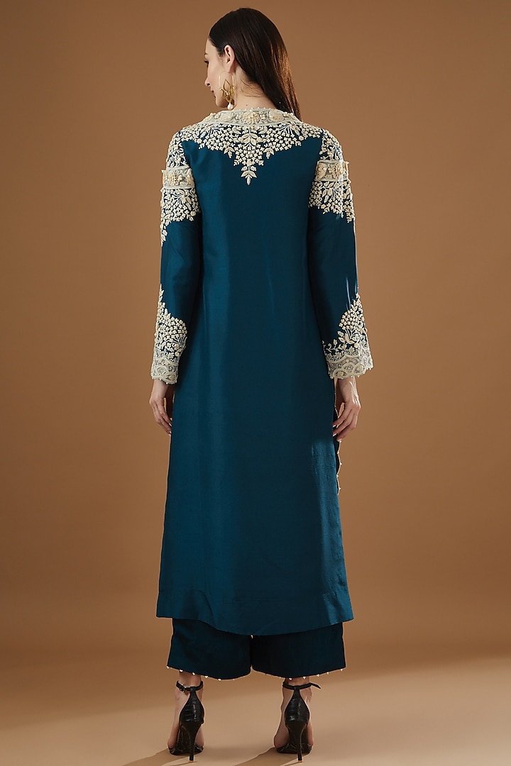 Peacock Blue Dupion Embroidered Kurta Set by Minaxi Dadoo at Pernia's Pop Up Shop