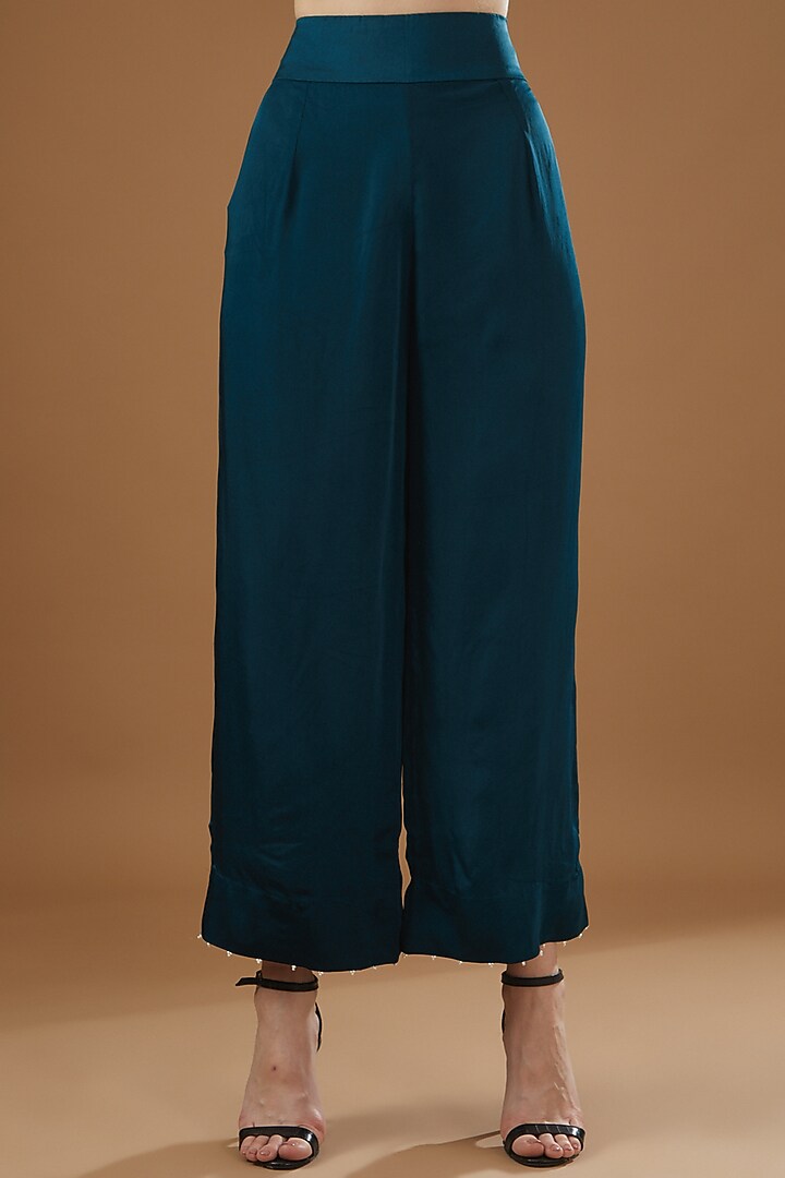 Peacock Blue Dupion Embroidered Kurta Set by Minaxi Dadoo at Pernia's Pop Up Shop
