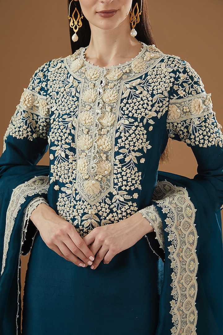Peacock Blue Dupion Embroidered Kurta Set by Minaxi Dadoo at Pernia's Pop Up Shop