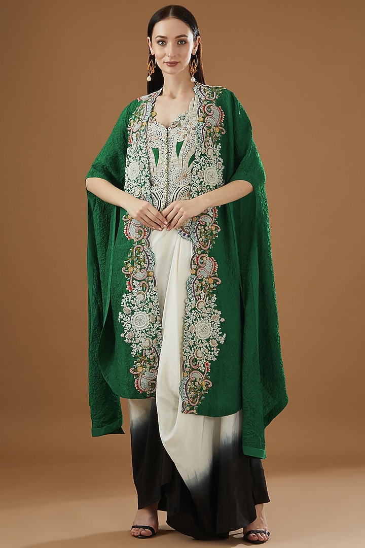 Green Dupion Embroidered Cape Set by Minaxi Dadoo at Pernia's Pop Up Shop