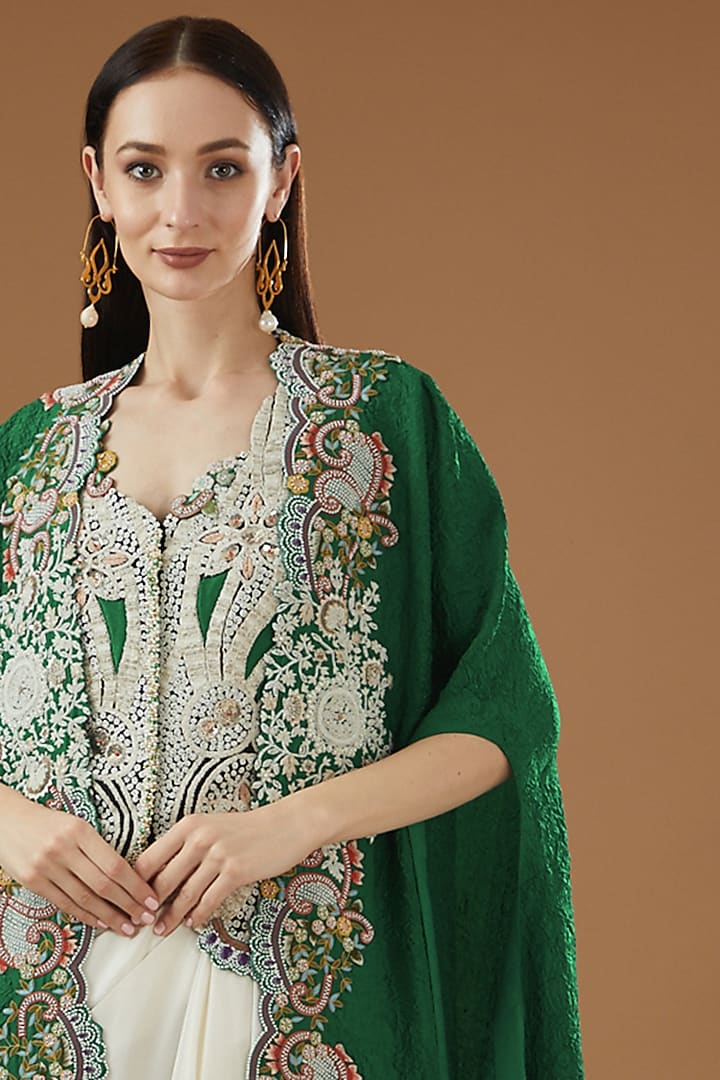Green Dupion Embroidered Cape Set by Minaxi Dadoo at Pernia's Pop Up Shop