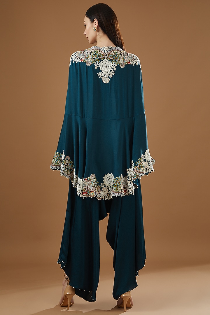 Peacock Blue Dupion Embroidered Cape Set by Minaxi Dadoo at Pernia's Pop Up Shop