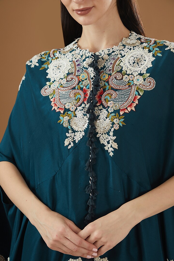 Peacock Blue Dupion Embroidered Cape Set by Minaxi Dadoo at Pernia's Pop Up Shop