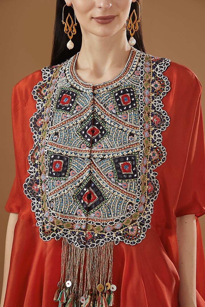Rust Orange Dupion Embroidered Cape Set by Minaxi Dadoo at Pernia's Pop Up Shop