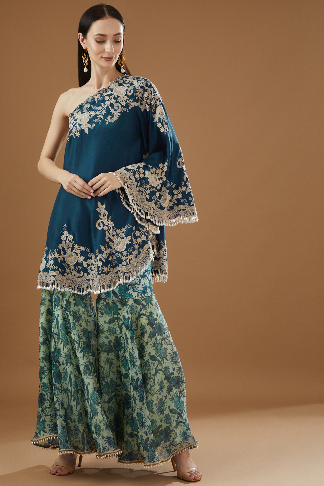 Peacock Blue Organza Printed Sharara Set by Minaxi Dadoo