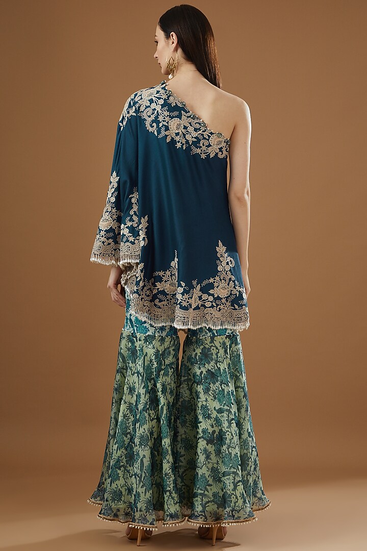 Peacock Blue Organza Printed Bridal Sharara Set by Minaxi Dadoo at Pernia's Pop Up Shop