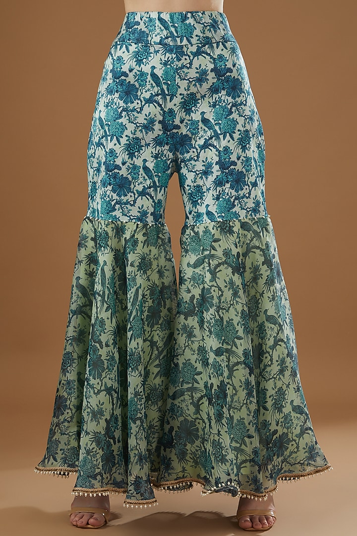 Peacock Blue Organza Printed Bridal Sharara Set by Minaxi Dadoo at Pernia's Pop Up Shop