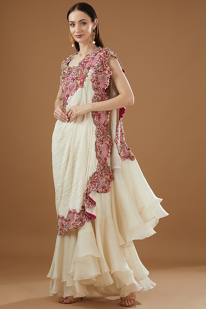 Ivory Dupion Embroidered Draped Saree Set by Minaxi Dadoo at Pernia's Pop Up Shop