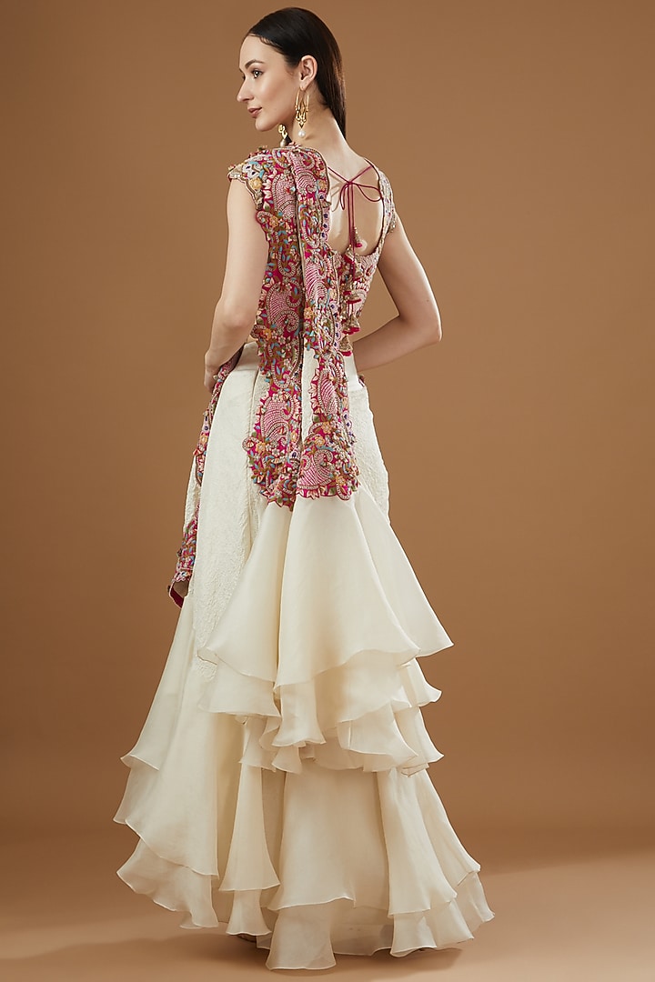 Ivory Dupion Embroidered Draped Reception Saree Set by Minaxi Dadoo at Pernia's Pop Up Shop