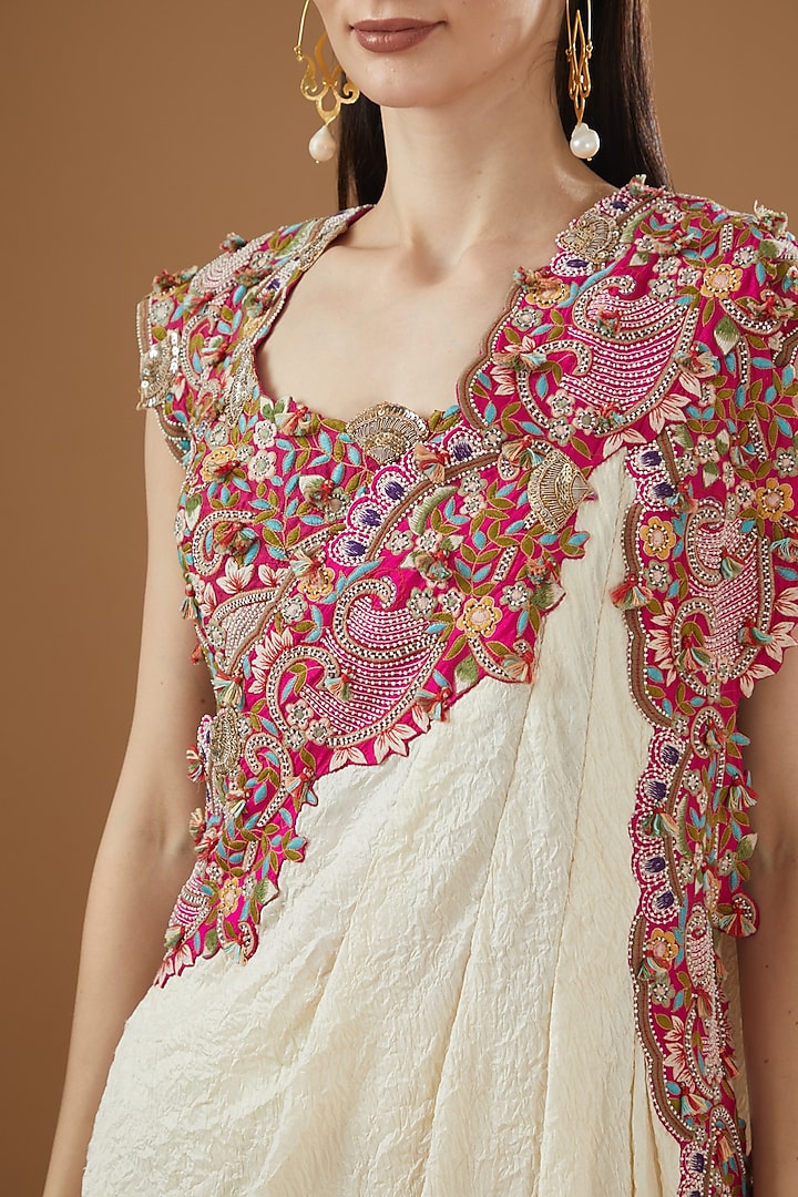 Ivory Dupion Embroidered Draped Reception Saree Set by Minaxi Dadoo at Pernia's Pop Up Shop