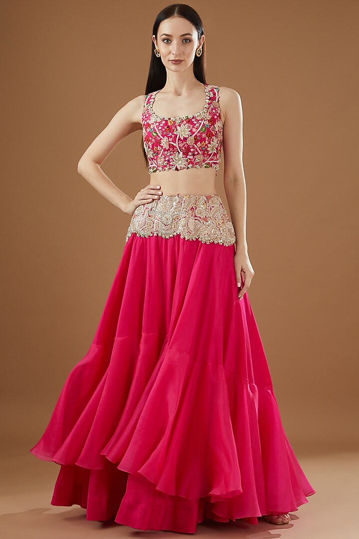 Rani Pink Organza & Silk Bridal Lehenga Set by Minaxi Dadoo at Pernia's Pop Up Shop
