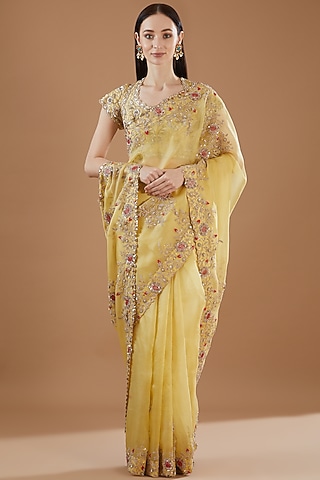Yellow Organza Embroidered Saree Set by Minaxi Dadoo