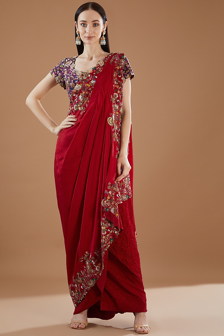 Red Dupion Thread & Sequins Embroidered Draped Saree Set by Minaxi Dadoo