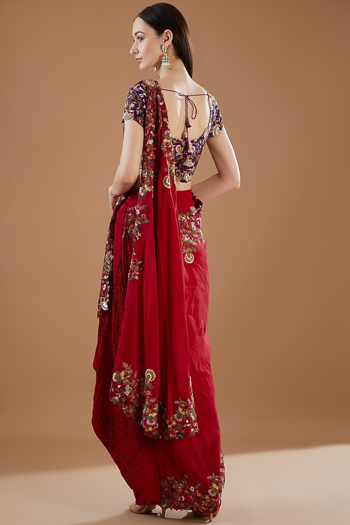 Red Dupion Thread & Sequins Embroidered Draped Reception Saree Set by Minaxi Dadoo at Pernia's Pop Up Shop