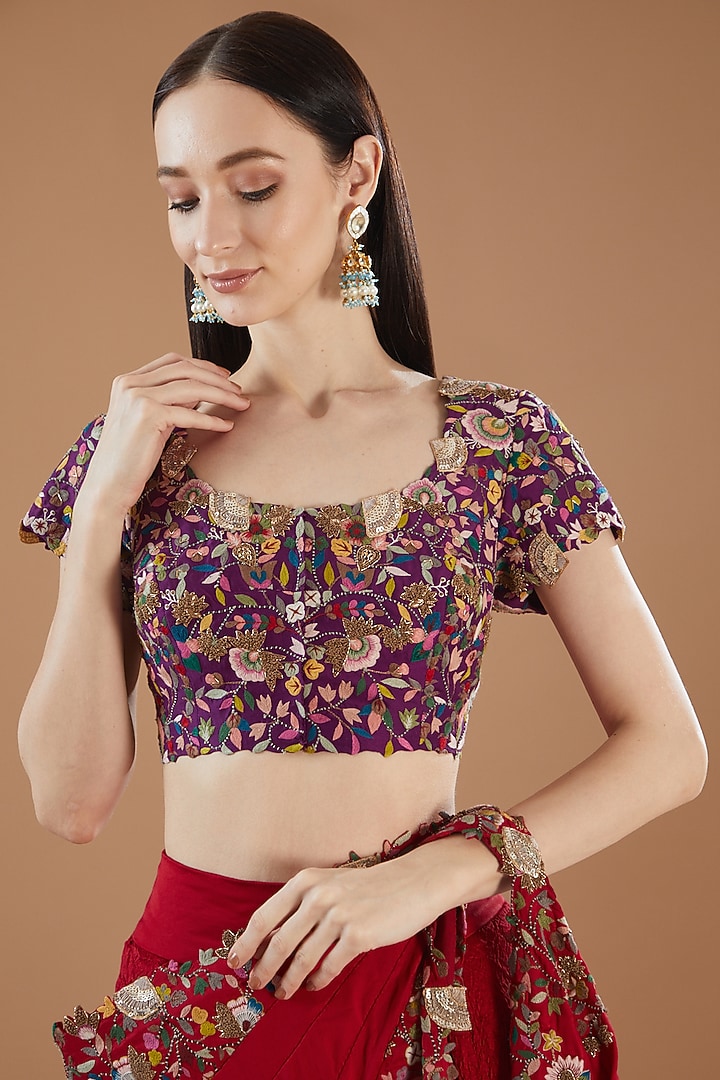 Red Dupion Thread & Sequins Embroidered Draped Reception Saree Set by Minaxi Dadoo at Pernia's Pop Up Shop