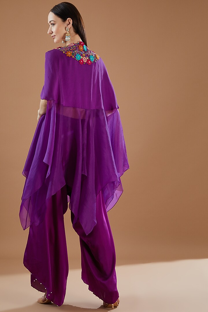 Purple Dupion & Organza Embroidered Cape Set by Minaxi Dadoo at Pernia's Pop Up Shop
