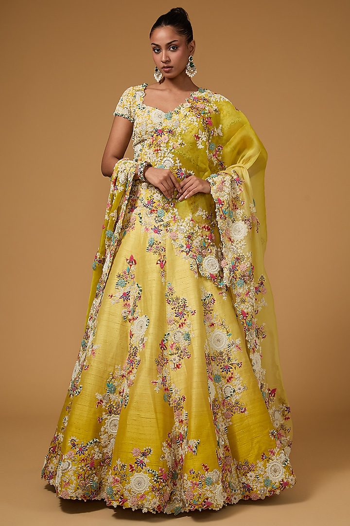 Yellow Silk Thread Work Lehenga Set by Minaxi Dadoo