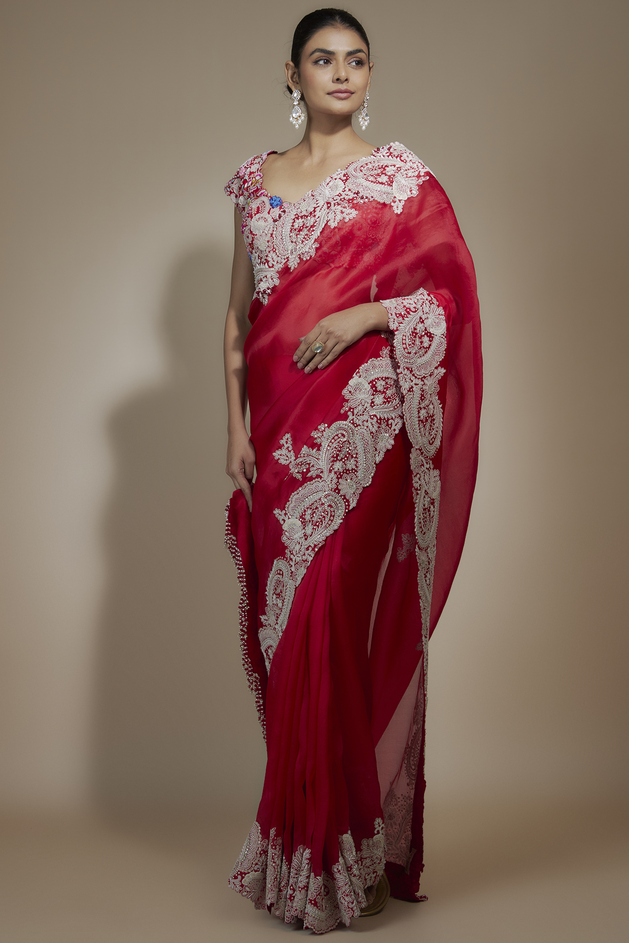 Red Dupion Dori Work Saree Set by Minaxi Dadoo