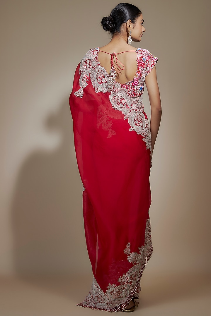 Red Dupion Dori Work Bridal Saree Set by Minaxi Dadoo at Pernia's Pop Up Shop
