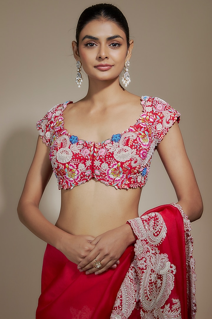 Red Dupion Dori Work Bridal Saree Set by Minaxi Dadoo at Pernia's Pop Up Shop