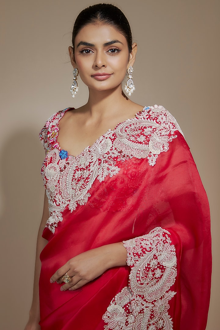 Red Dupion Dori Work Bridal Saree Set by Minaxi Dadoo at Pernia's Pop Up Shop
