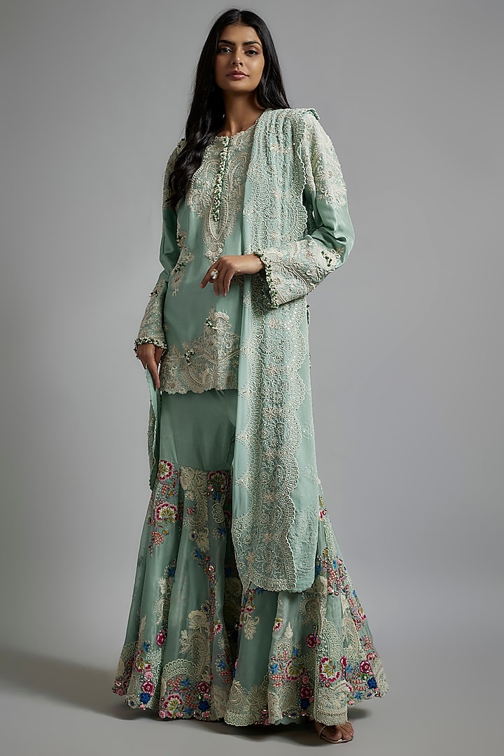 Powder Blue Organza Thread Work Gharara Set by Minaxi Dadoo at Pernia's Pop Up Shop