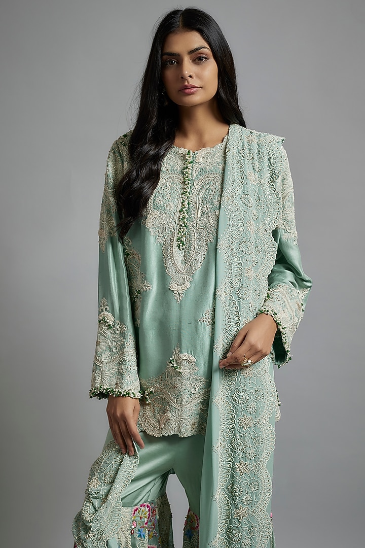 Powder Blue Organza Thread Work Gharara Set by Minaxi Dadoo at Pernia's Pop Up Shop