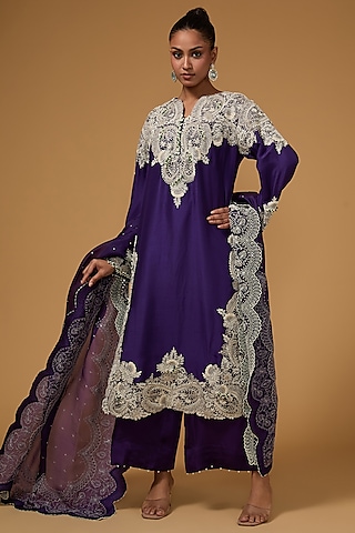 Violet Dupion Dori Work Long Kurta Set by Minaxi Dadoo