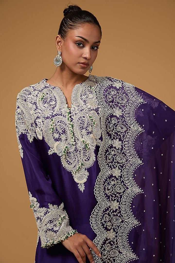 Violet Dupion Dori Work Long Kurta Set by Minaxi Dadoo at Pernia's Pop Up Shop