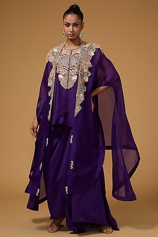 Purple Organza Zari Embroidered Cape Set by Minaxi Dadoo