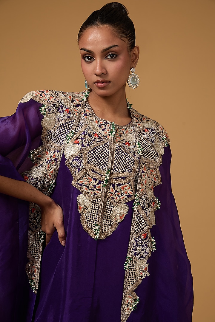 Purple Organza Zari Embroidered Cape Set by Minaxi Dadoo at Pernia's Pop Up Shop