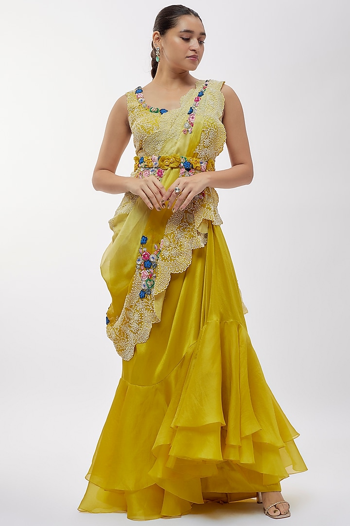 Yellow Silk & Organza Skirt Set by Minaxi Dadoo at Pernia's Pop Up Shop