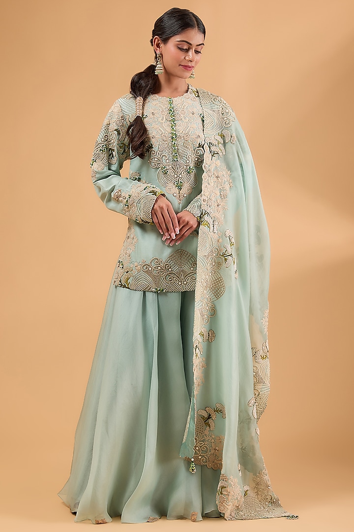 Powder Blue Organza Bridal Sharara Set by Minaxi Dadoo at Pernia's Pop Up Shop