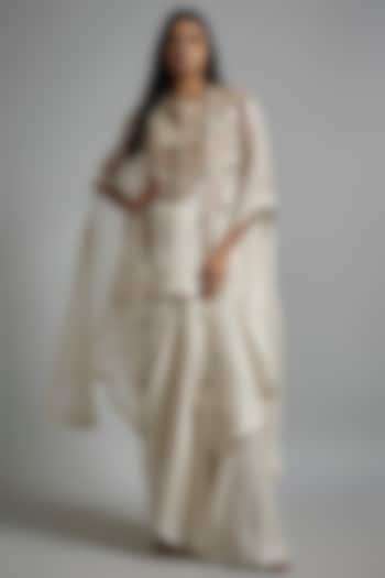 Ivory Organza Embroidered Butterfly Cape Set by Minaxi Dadoo at Pernia's Pop Up Shop