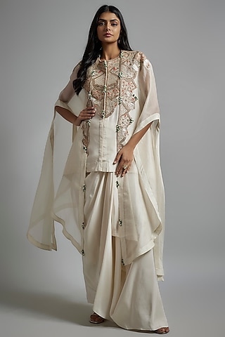 Ivory Organza Embroidered Butterfly Cape Set by Minaxi Dadoo