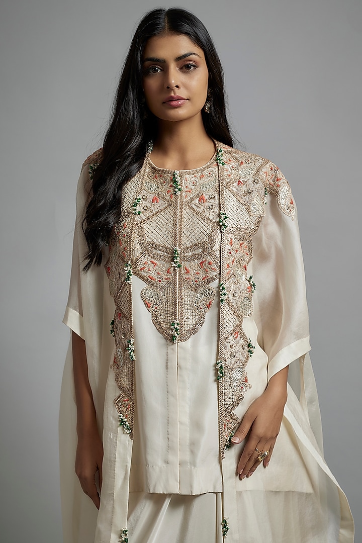 Ivory Organza Embroidered Butterfly Cape Set by Minaxi Dadoo at Pernia's Pop Up Shop