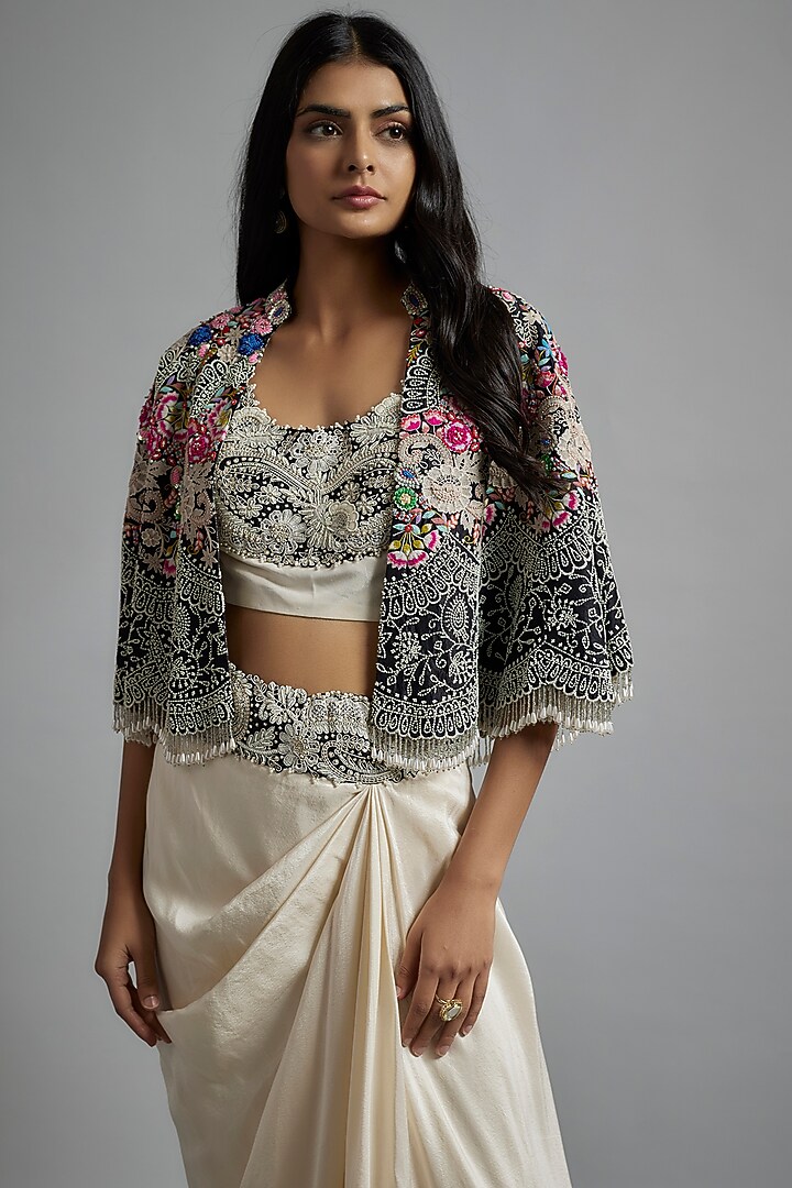 Ivory Silk & Organza Ruffled Pick-Up Skirt Set by Minaxi Dadoo at Pernia's Pop Up Shop
