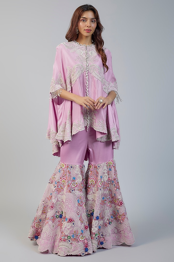 Lavender Silk & Organza Thread Embroidered Gharara Set by Minaxi Dadoo at Pernia's Pop Up Shop