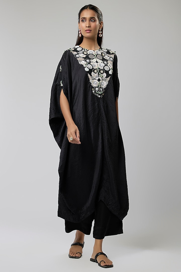 Black Silk Embroidered Kaftan Set by Minaxi Dadoo at Pernia's Pop Up Shop
