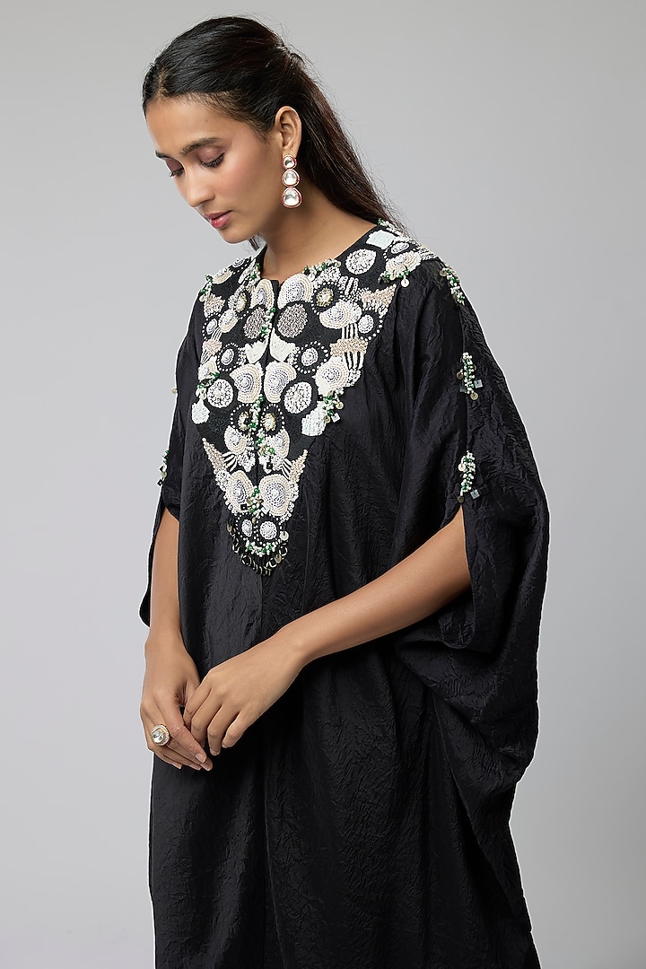 Black Silk Embroidered Kaftan Set by Minaxi Dadoo at Pernia's Pop Up Shop