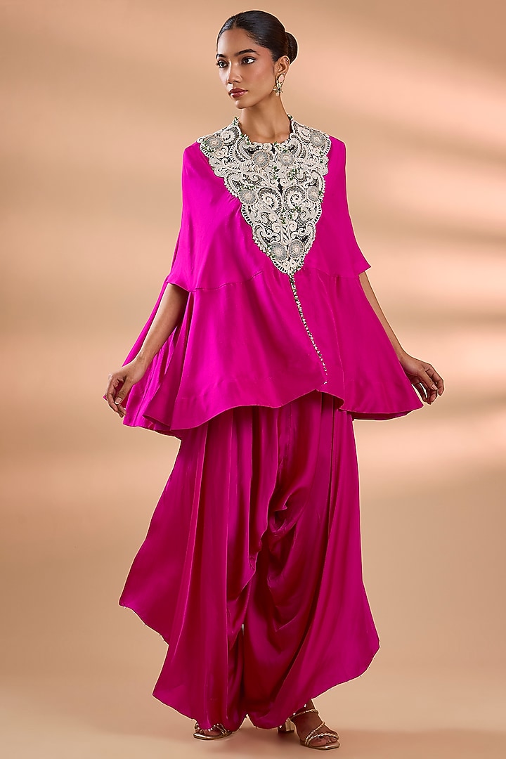 Rani Pink Dupion Embroidered Cape Set by Minaxi Dadoo at Pernia's Pop Up Shop
